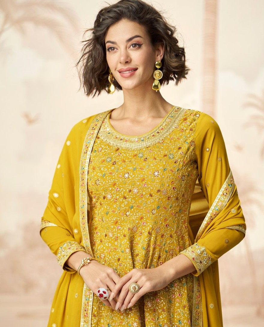 10244-MUSTARD - Embroidered Georgette Pakistani Suit in Mustard